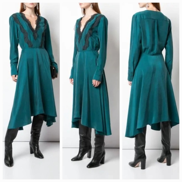 Jason Wu Dresses & Skirts - JASON WU Floral Lace Trim Long Sleeve Silk Dress In Green Women's Size 10